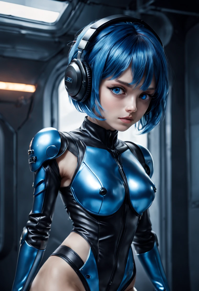 (masterpiece, highest quality, highest resolution, distinct_image, detailed details): (Solo, lone girl, Japan face, blue-haired girl, short hair, full body figure, small size breasts, sparkling blue colored eyes, pilot suit in metallic tone white and blue, black color, tight fit clothes, clothes covering the whole body, beauty, slim body, exoskeleton, knee boots, heroine, supine, Thighs open from side to side, arm-length gloves, headset)