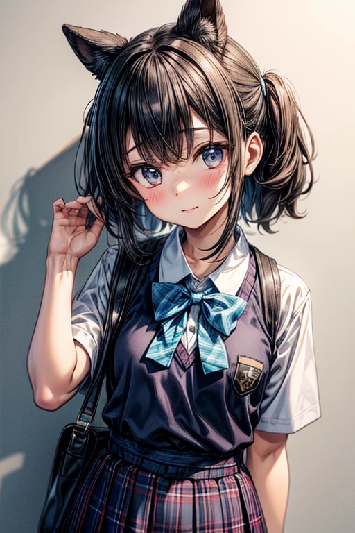 He&#39;He is wearing a blue checked bow tie and leaning forward.., hi-school girl, School Ribbon, Cute Schoolgirl, School Girl, Japan school uniform, ポーズをとるhi-school girl, a japanese girl, hi-school girlの格好, Japanese Models, wearing japanese school uniform, blue plaid skirt
