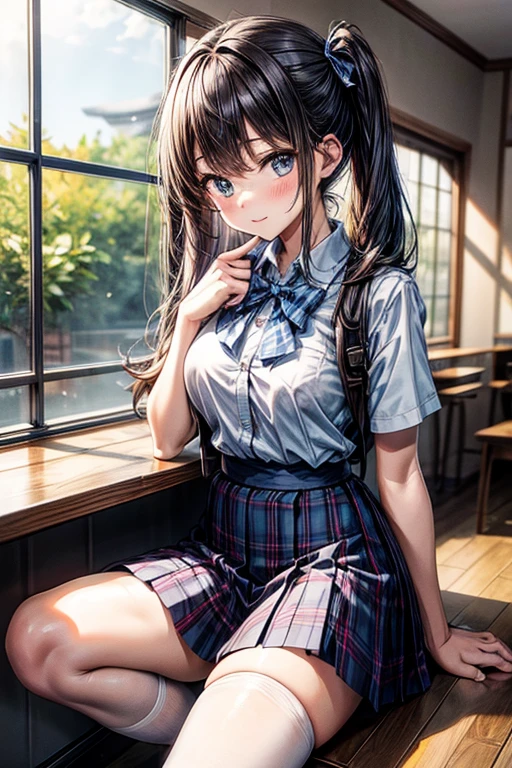 very cute and beautiful girl,(highly detailed beautiful face), (smile),blush,black hair,twin braid,white blouse,ribbon,(pleated plaid mini skirt),standing,from below,(white panties), wooden classroom,window,distant trees and town, (best quality,masterpiece:1.2),absurdres,highres,ultra-detailed,extremely detailed,32k,8k resolution, intricate details,cinematic scene,detailed background,solo,dynamic angle,