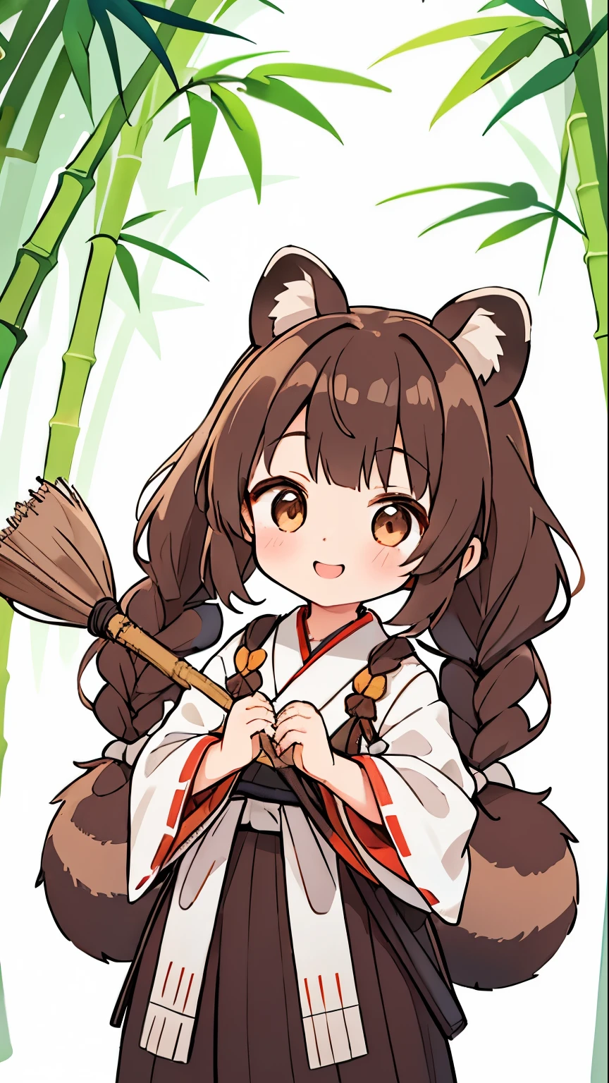 one girls。Cute little girl s。Brown hair。Braids bow。brown raccoon ears。brown raccoon tail。A slight smil。see the beholder。Japan priestess costume。hold a long broom with both hands。The background is a Japanese bamboo forest.。