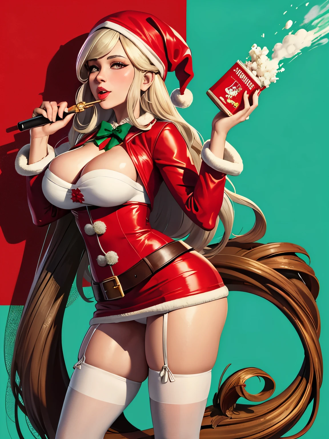 crie uma mrs claus fumando maconha segurando um saco de sementes