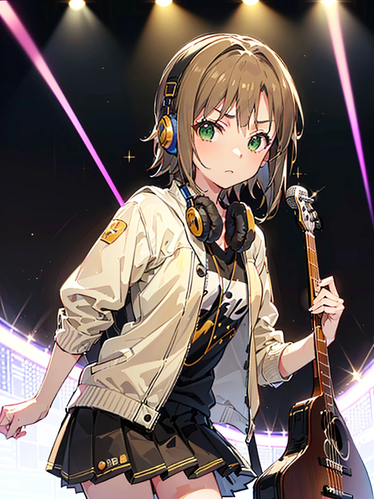 ((((Riina Tada from Idol master)))), ((1little girl)), solo, 16yo, (((light brown hair))), (green eyes), ((Hair parting is on the left side)), (((diagonal bangs))), (Blunt bangs), (middle hair), (((headphones on her neck))), (with guitar case),
White tee shirt, pleatedskirt, Black jacket,
((small tits)), music studio,