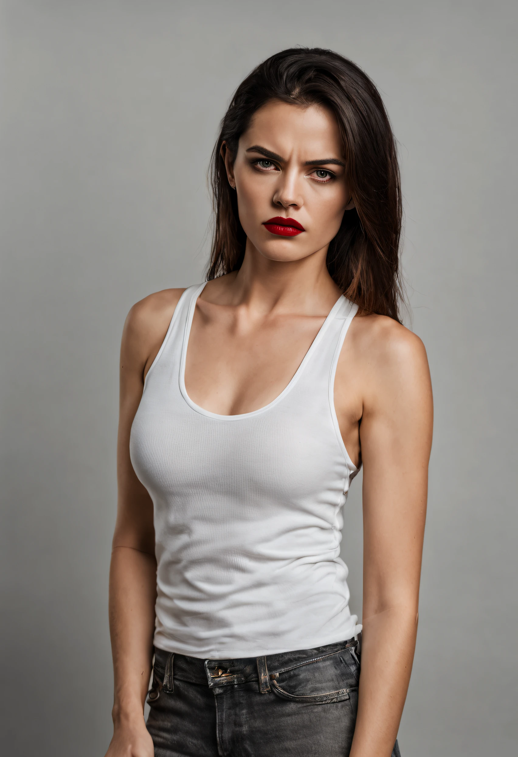 RAW photo, full body portrait of an angry beautiful woman, she wearing a white tanktop, highly detailed skin, 8k uhd, dslr, soft lighting, high quality, film grain, Fujifilm XT3 intricate skin details, visible skin detail, detailed skin, detailed skin texture, mascara, red lipstick, dark eyeshadow