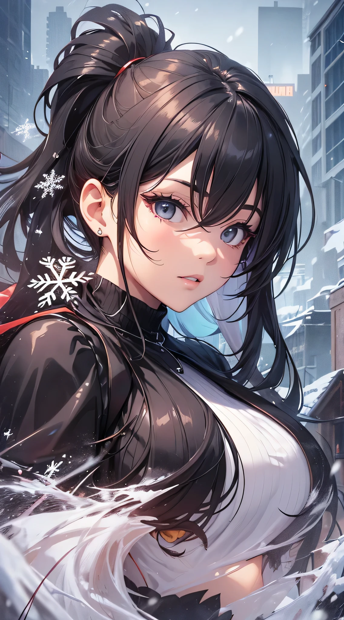 top-quality、Top image quality、masterpiece、Teenage girl((Black Santa Costume、18year old、 Ager、Best Bust、big bast,Black eyes, Black hair、poneyTail、A slender,Large valleys、fight、fighting poses、Poison in the back)),hiquality、Beautiful Art、Background with((Snow World、snow blowing、Oyuki、snowflakes falling、Falling people々々))masterpiece、depth of fields,Cinematic style