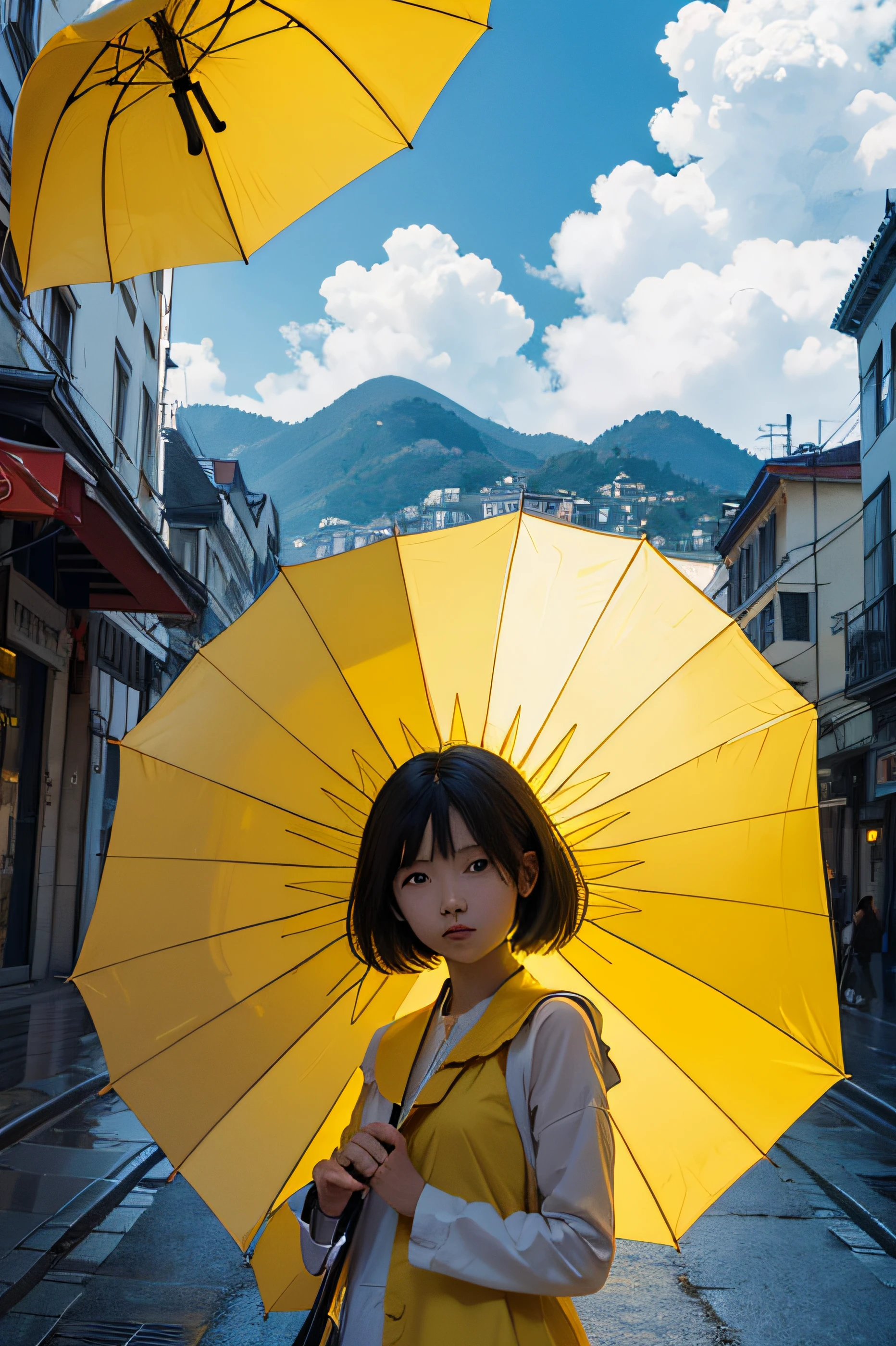 yellow umbrella only in the sky, no person, no girl, no man
