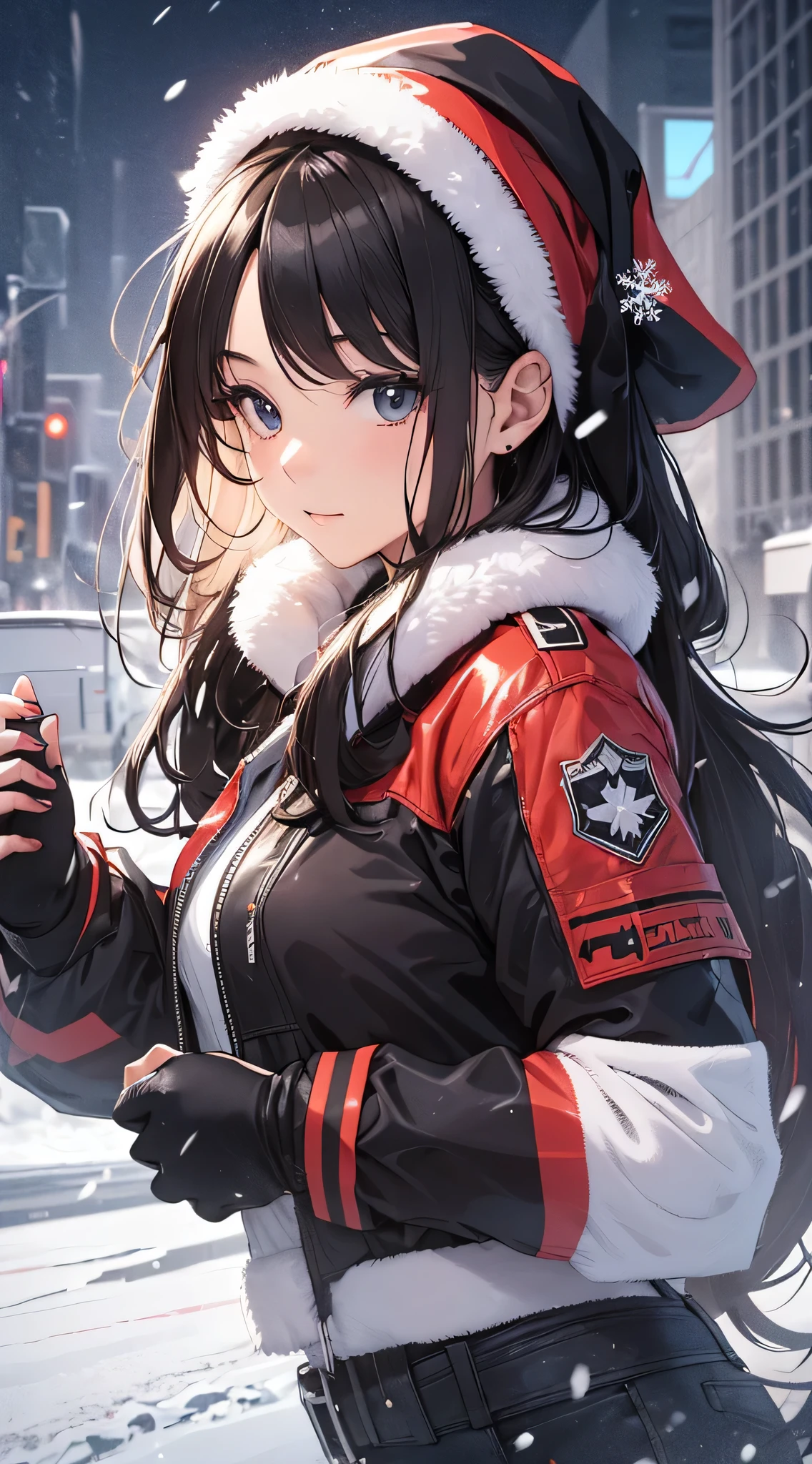 top-quality、Top image quality、​masterpiece、 girl((Black Santa Costume、18year old、 Ager、Best Bust、big bast,Black eyes, Black hair、poneyTail、A slender,Large valleys、fight、fighting poses、Poison in the back)),hiquality、Beautiful Art、Background with((Snow World、snow blowing、Oyuki、snowflakes falling、Falling people々々))​masterpiece、depth of fields,Cinematic style