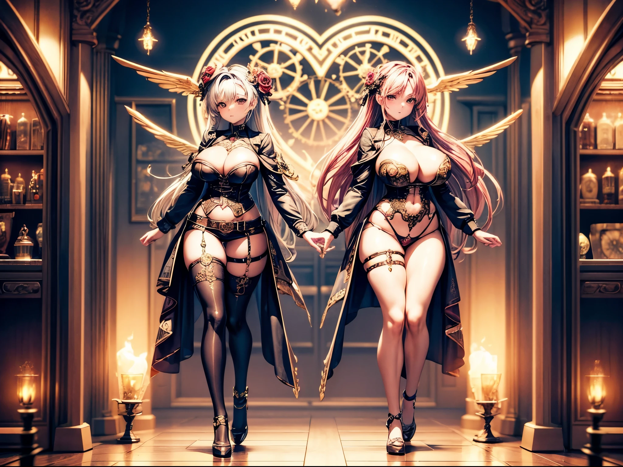 Visualize Cupid in a steampunk-inspired workshop crafting 3D hearts and roses with gears and intricate machinery, surrounded by swirling fractal patterns that represent the magic of love, enormous , (full body:1.5)