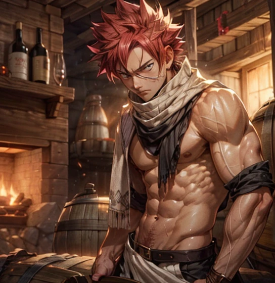 Natsu Dragneel, naked, muscular body, washboard abs and pecs, cum flowing, medium, ultra-detailed, realistic:1.37, vivid colors, portraits, warm color tones, soft, warm lighting, inside a tavern, looking handsome and young, wine barrels , hearth in the background, ((white scarf))