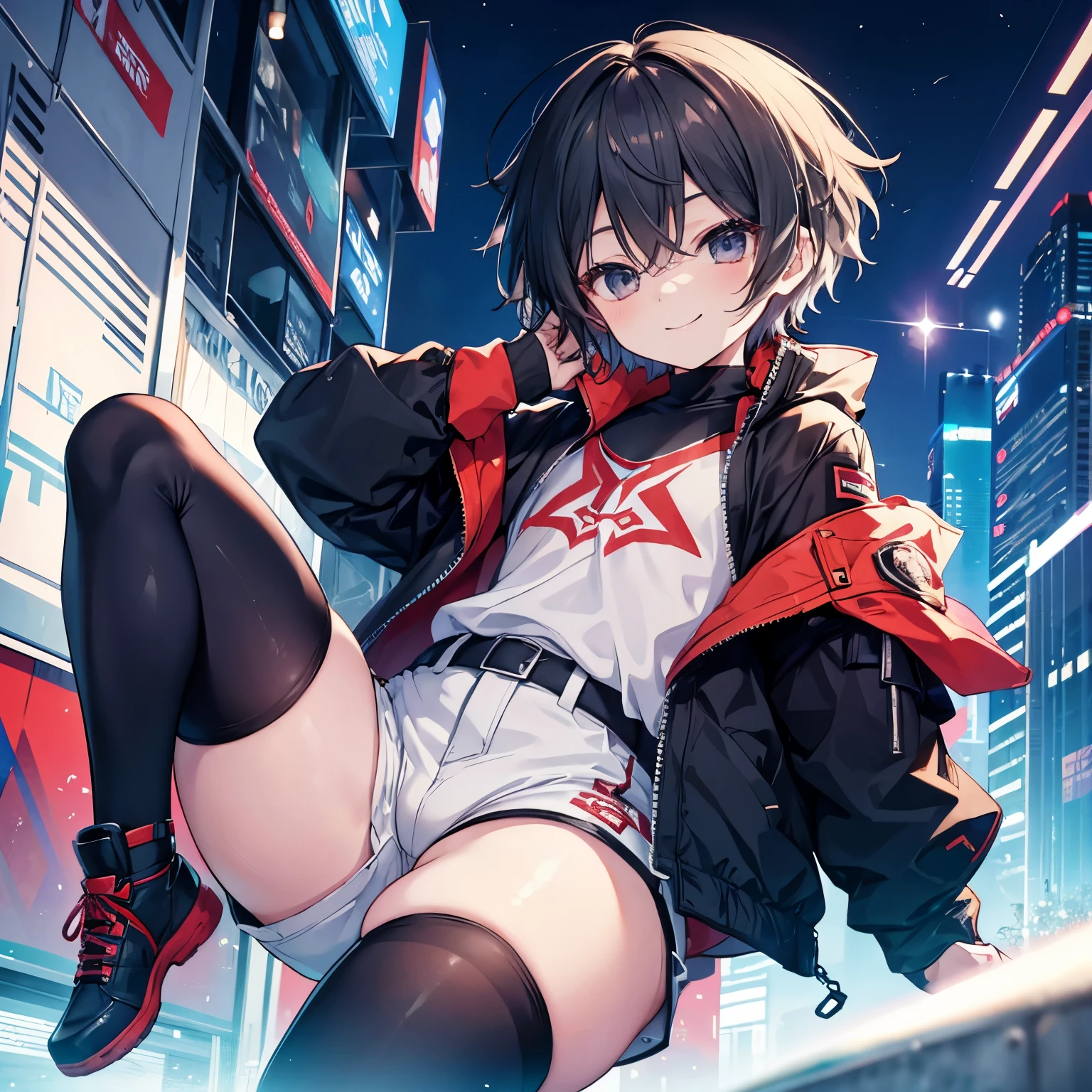1 boy, a, chilminine boy, oversized jacket, hot pants, thick thighs, smiling softly
