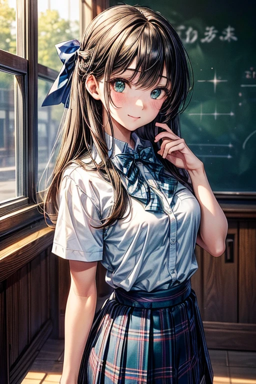 1girl in, Single, Solo, Beautiful anime girl, Beautiful Art Style, Anime Character, ((Long straight hair, Bangs, A dark-haired, hair pin)), ((Green eyes:1.4, rounded eyes, Beautiful eyelashes, Realistic eyes)), ((Smooth texture:0.75, Realistic texture:0.65, Photorealistic:1.1, Anime CG style)), Perfect body, ((Blue bow tie, School uniform, White shirt, Blue plaid skirt)), Smile