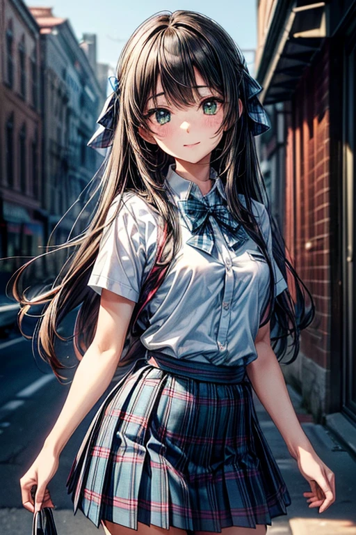 1girl in, Single, Solo, Beautiful anime girl, Beautiful Art Style, Anime Character, ((Long straight hair, Bangs, A dark-haired, hair pin)), ((Green eyes:1.4, rounded eyes, Beautiful eyelashes, Realistic eyes)), ((Smooth texture:0.75, Realistic texture:0.65, Photorealistic:1.1, Anime CG style)), Perfect body, ((Blue bow tie, School uniform, White shirt, Blue plaid skirt)), Smile