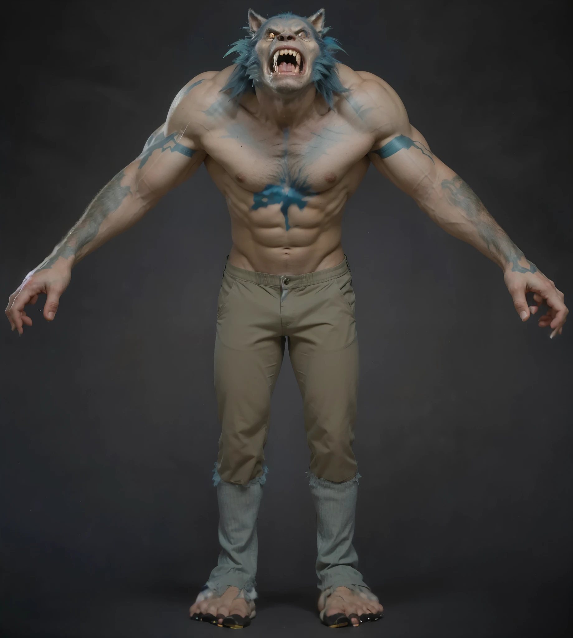 (masterpiece),(best quality:1.0),(ultra high resolution:1.0),monster, werewolf, wolfteam,shorts pants, blue hair, gray pants, face focus, muscular, 8k wallpaper, full body