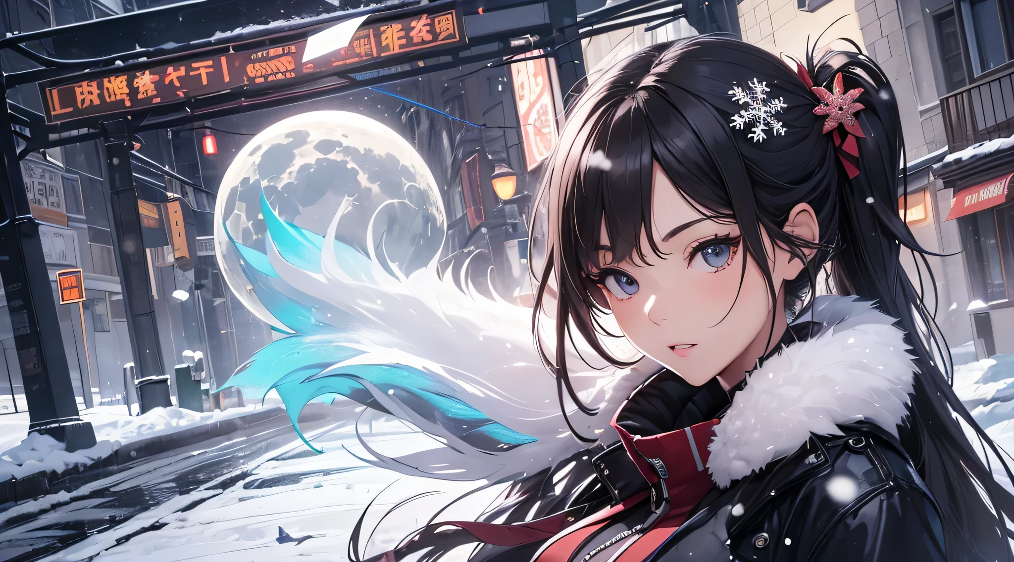 top-quality、Top image quality、masterpiece、Teenage girl((Black Santa Costume、18year old、 Ager、Best Bust、big bast,Black eyes, Black hair、poneyTail、A slender,big valley lights、fighting poses、Poison in the back)),hiquality、Beautiful Art、Background with((Snow World、snow blowing、Oyuki、snowflakes falling、Falling people々々々))masterpiece、depth of fields,Cinematic style