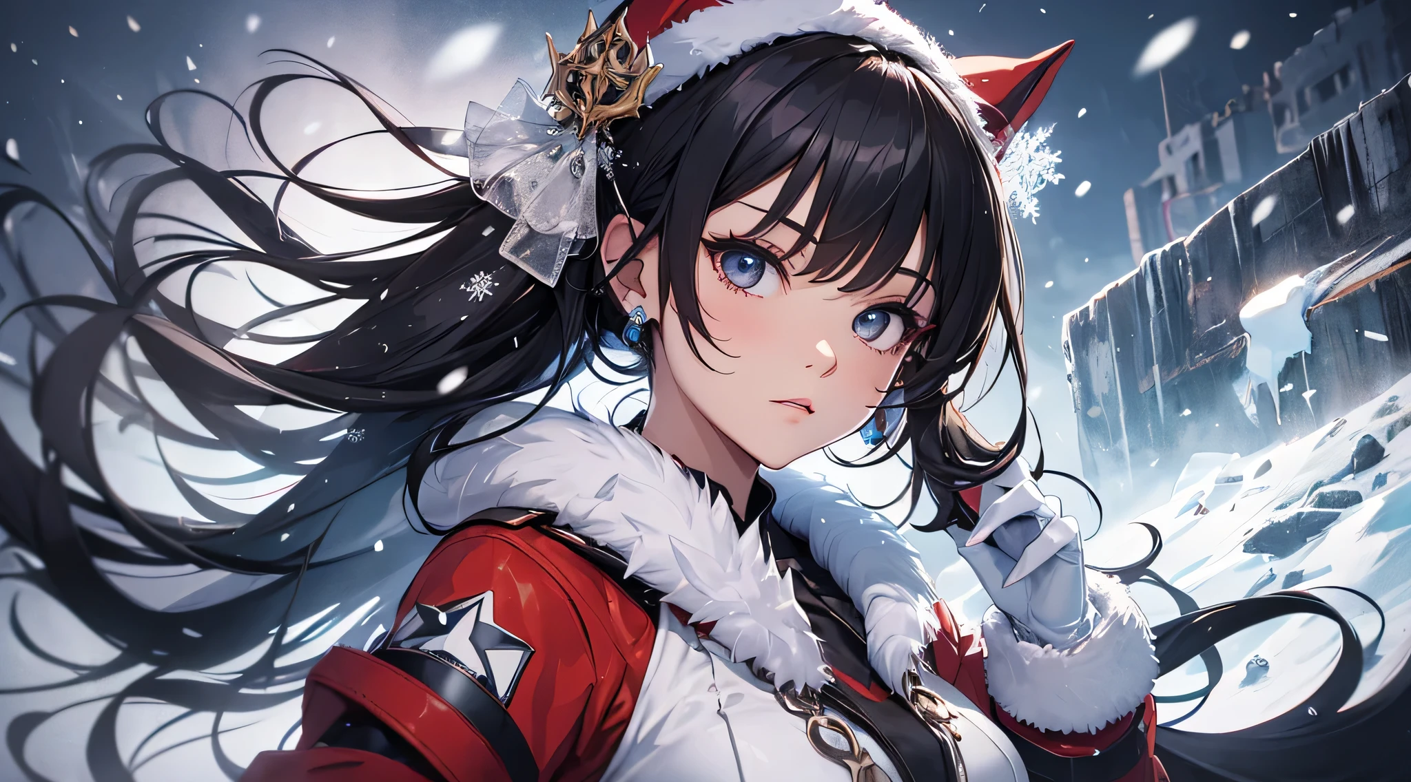 top-quality、Top image quality、masterpiece、Teenage girl((Black Santa Costume、18year old、 Ager、Best Bust、big bast,Black eyes, Black hair、poneyTail、A slender,big valley lights、fighting poses、Poison in the back)),hiquality、Beautiful Art、Background with((Snow World、snow blowing、Oyuki、snowflakes falling、Falling people々々々))masterpiece、depth of fields,Cinematic style