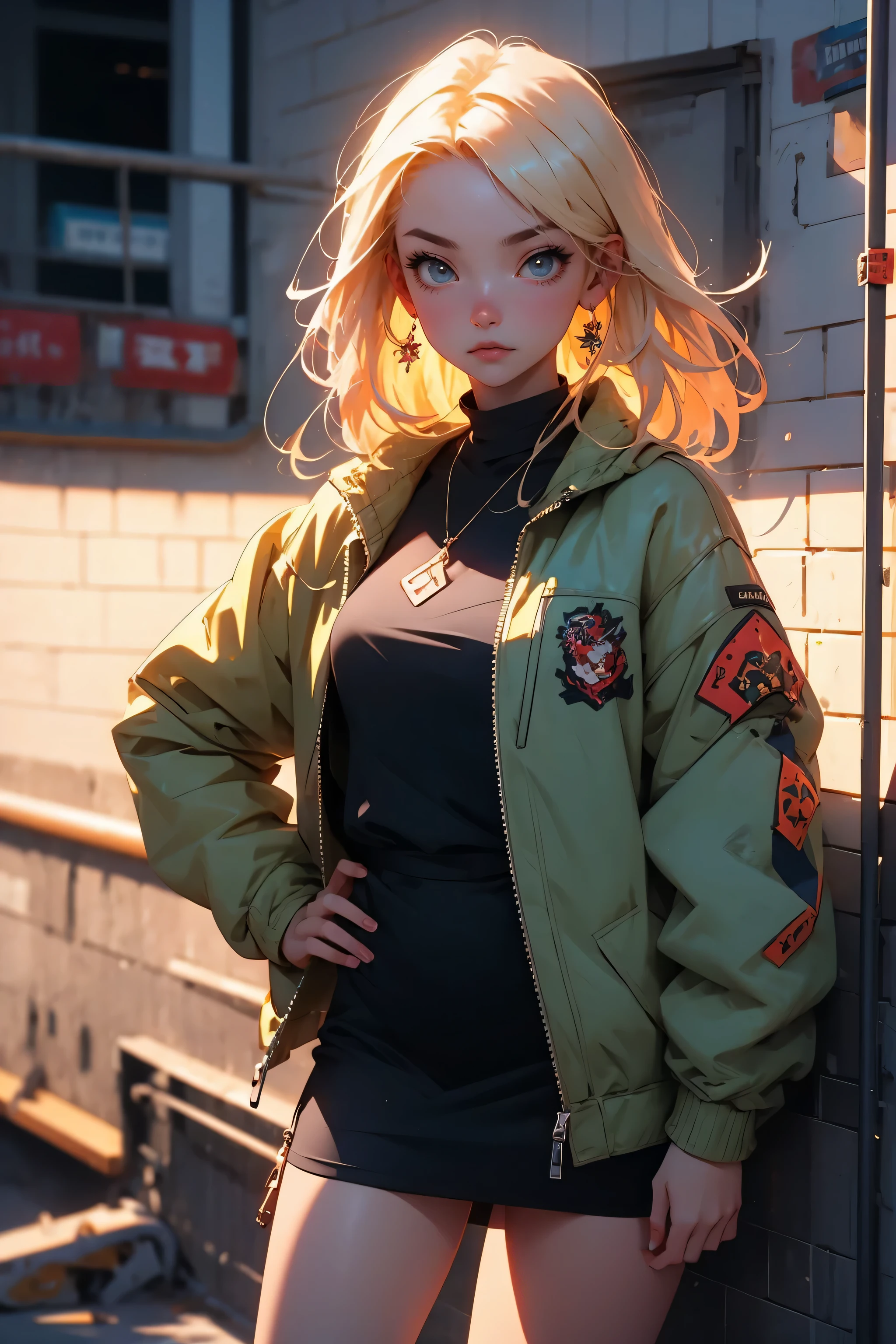 blond woman in a short dress and jacket leaning against a wall, artwork in the style of guweiz, 8k high quality detailed art, ross tran style, detailed digital anime art, stunning digital illustration, digital art of an elegant, beautiful digital artwork, photorealistic anime girl render, ross tran 8 k, 3 d render character art 8 k