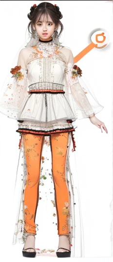 (best quality, realistic), Girl with white and orange dress a close up of a person in a black and red outfit, full body black and red longcoataesthetic garden, flourishing roses, serene atmosphere, vibrant greenery, blossoming flowers, gentle sunlight, tranquil fountain, exquisite details, soft