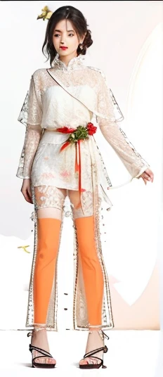 (best quality, realistic), Girl with white and orange dress a close up of a person in a black and red outfit, full body black and red longcoataesthetic garden, flourishing roses, serene atmosphere, vibrant greenery, blossoming flowers, gentle sunlight, tranquil fountain, exquisite details, soft