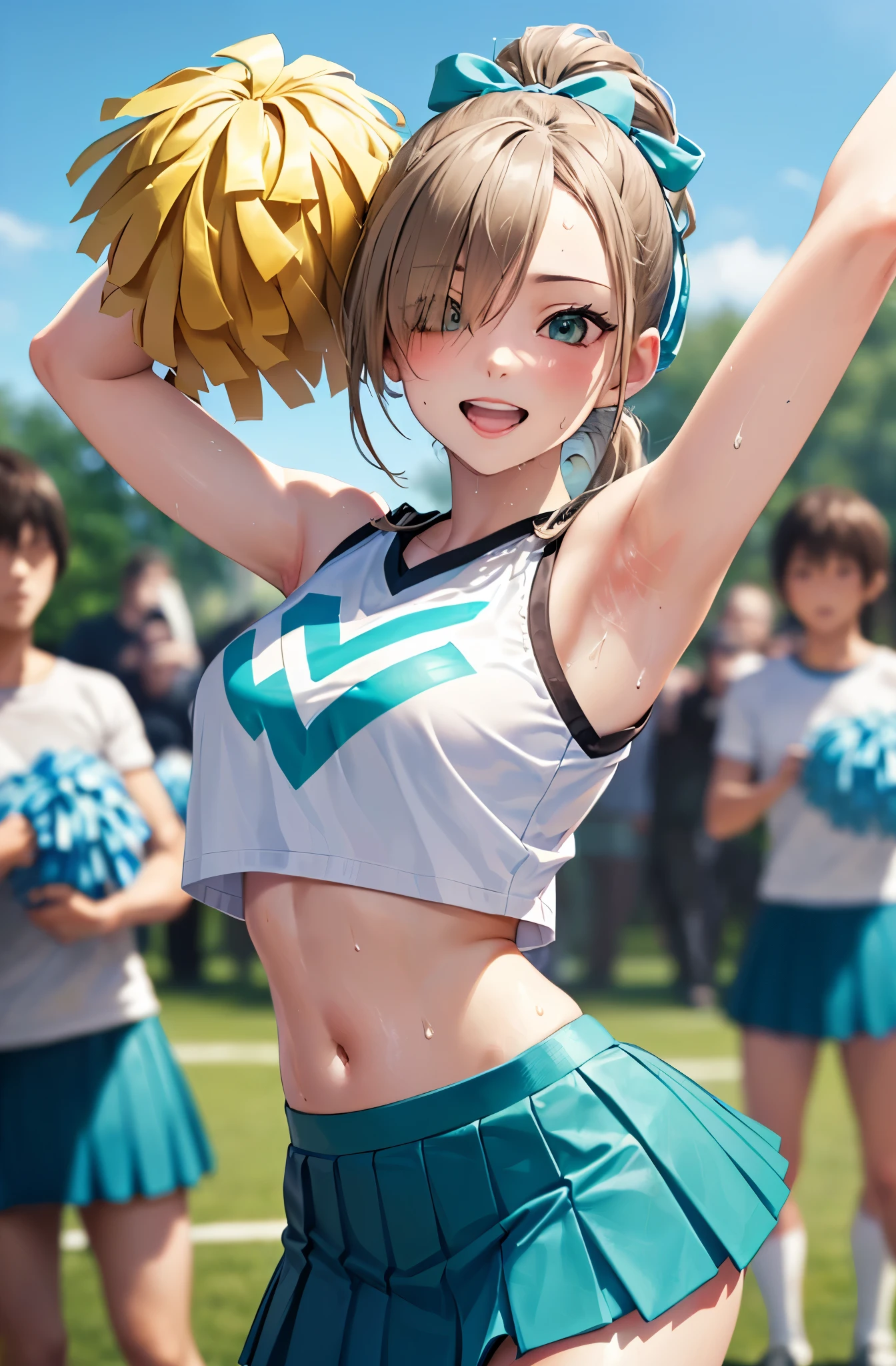 (masutepiece:1.5)、(top-quality:1.5)、(16k wallpaper:1.2)、(Photorealsitic:1.2)、(ultra-detailliert:1.2)、(超A high resolution:1.2)、(Highly detailed and realistic skin:1.2)、(Surrounded by a crowd of men:1.5)、On the school grass playground、18-year-old cheerleader、Very detailed and beautiful sharp eyes、Powerful and beautiful eyeshadow、(Slender woman with body shape:1.2)、Natural Color Lip、(long blonde high ponytail covering one eye)、(teal cheerleading miniskirt:1.3)、(holding a pom pom:1.2)、(sweat and dance hard:1.3)、(Jumping:1.2)、(Hands up:1.2)、Smile with open mouth、(white sleeveless cheerleading shirt:1.3)、(White panties visible through the skirt)