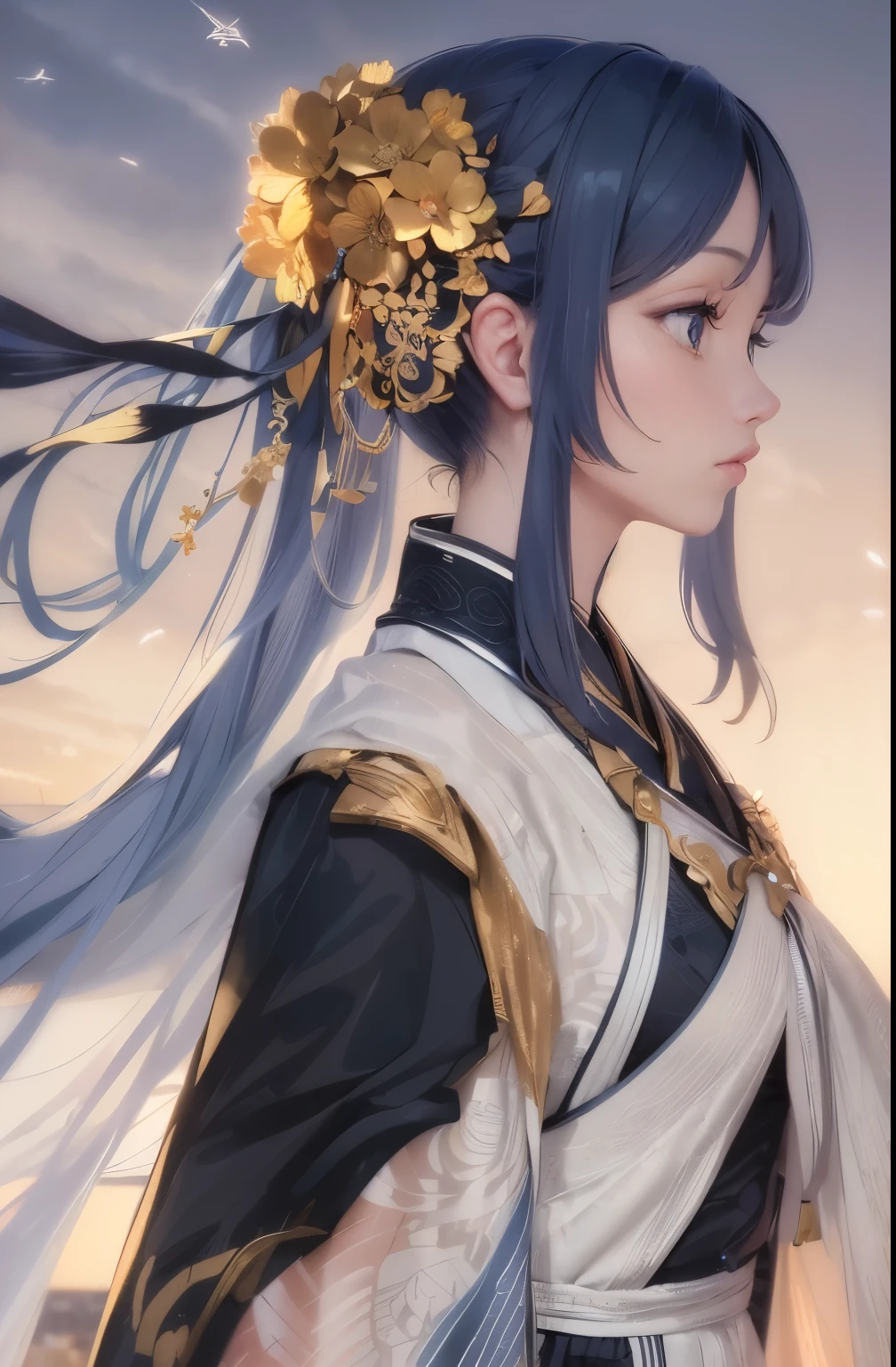 finest image, 8k, RAW photo, realistic, detailed, delicate, flashy and dynamic depiction, colorful line art that shines in iridescent colors, gold dust, background cold winter sky, (magnificent view:1.2)