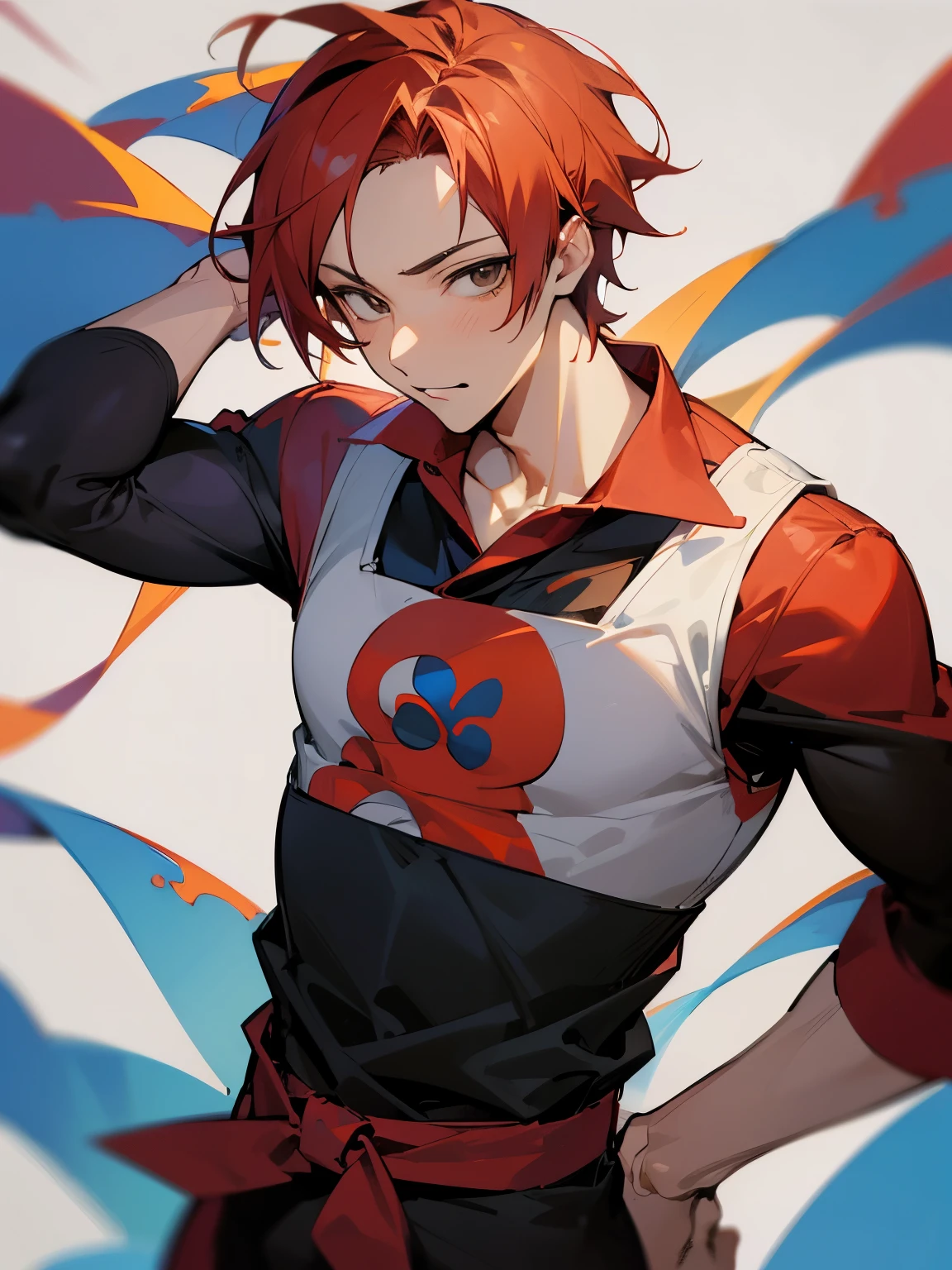 (Best Quality)), ((masutepiece)), Perfect face,1man,20代の男性,twinks,from waist up,cool,Red-haired,dynamic ungle,smart,Adults
