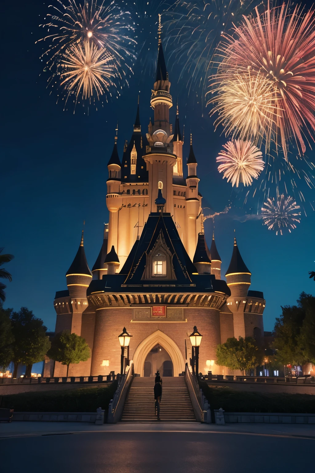 3D,A huge castle,Faraway view,In front of the castle,The castle is tall,Chinese New Year,Lots of fireworkest quality,high end,pixar-style