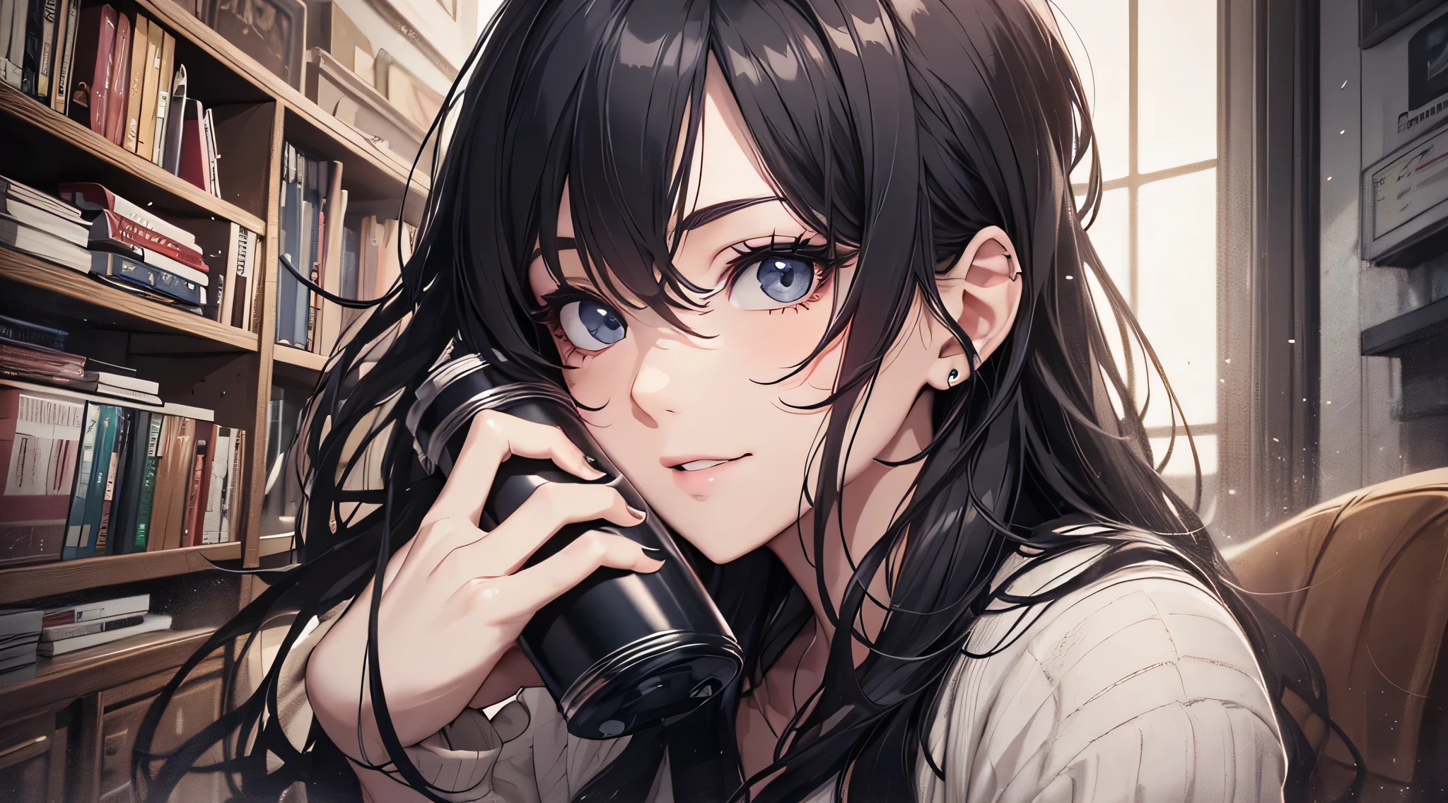 top-quality、Top image quality、​masterpiece、Teenage girl((Black Suit、18year old、 Ager、Best Bust、big bast,Black eyes, Long Black Hair、A slender,Large valleys、sit a chair、Operating a computer、Gentle face、A slight smil、face to viewer)),hiquality、Beautiful Art、Background with((Calm room、bookcase、Black walls、window、snow blowing、The table、Hot milk、Christmas))​masterpiece、depth of fields,Cinematic style