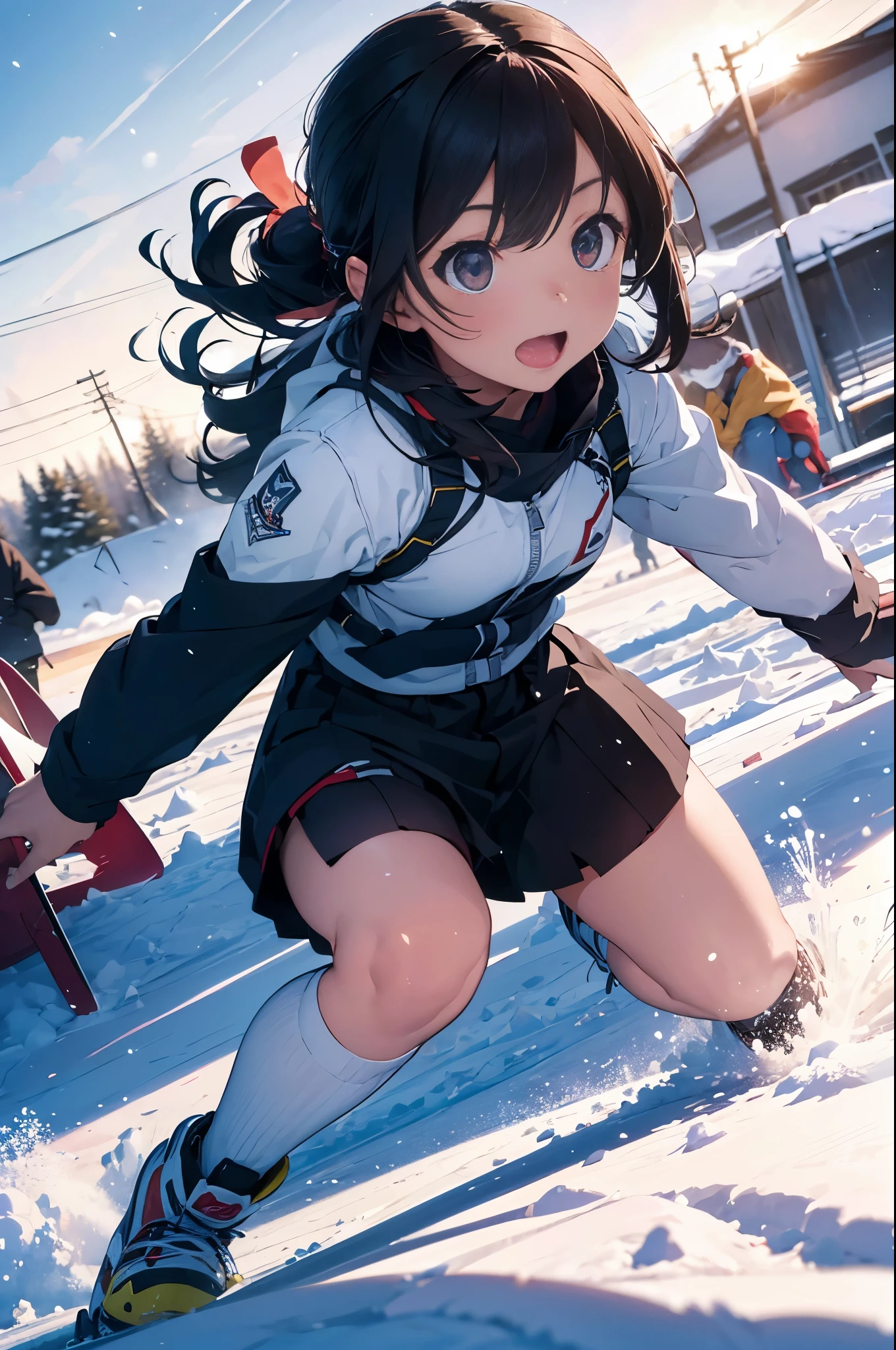 1 girl,(skiing, sled, snow explosion), action shot, Vibrant colors,rays of sunshine, wide angles,Perfect action, (end:1.3) 8K, F2.8, RAW photos, ultra - detailed, reallife,bokeh,32K,