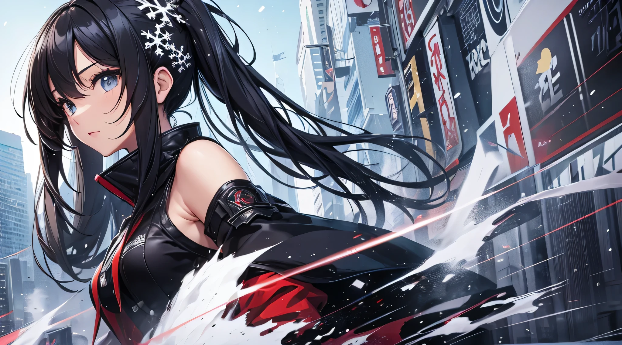 top-quality、Top image quality、masterpiece、Teenage girl((Black Santa Costume、18year old、 Ager、Best Bust、big bast,Black eyes, Black hair、poneyTail、A slender,fighting poses、)),hiquality、Beautiful Art、Background with((Snow World、snow blowing、Oyuki、snowflakes falling、Falling people々々々々))masterpiece、depth of fields,Cinematic style