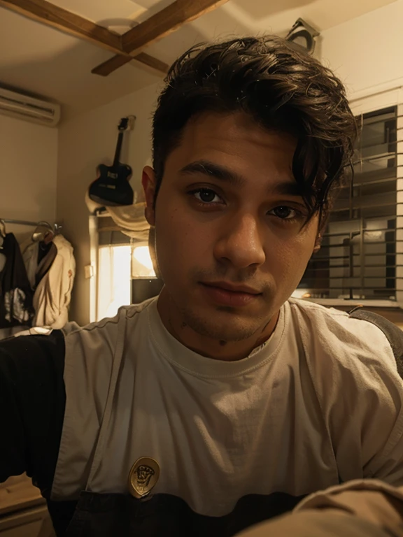 young boy in his 20s with short curly black hair, a character portrait, realistic face,environmental landscape art, photo taken with provia, film grain, kodak portra, featured on unsplash, a painting of a character standing in a pose