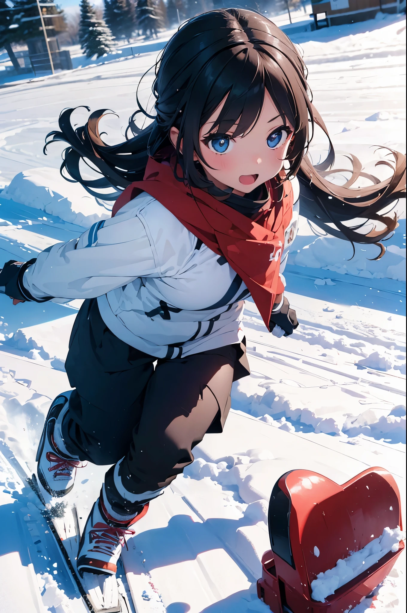1 girl,(skiing, sled, snow explosion), action shot, Vibrant colors,rays of sunshine, wide angles,Perfect action, (end:1.3) 8K, F2.8, RAW photos, ultra - detailed, reallife,bokeh,32K,