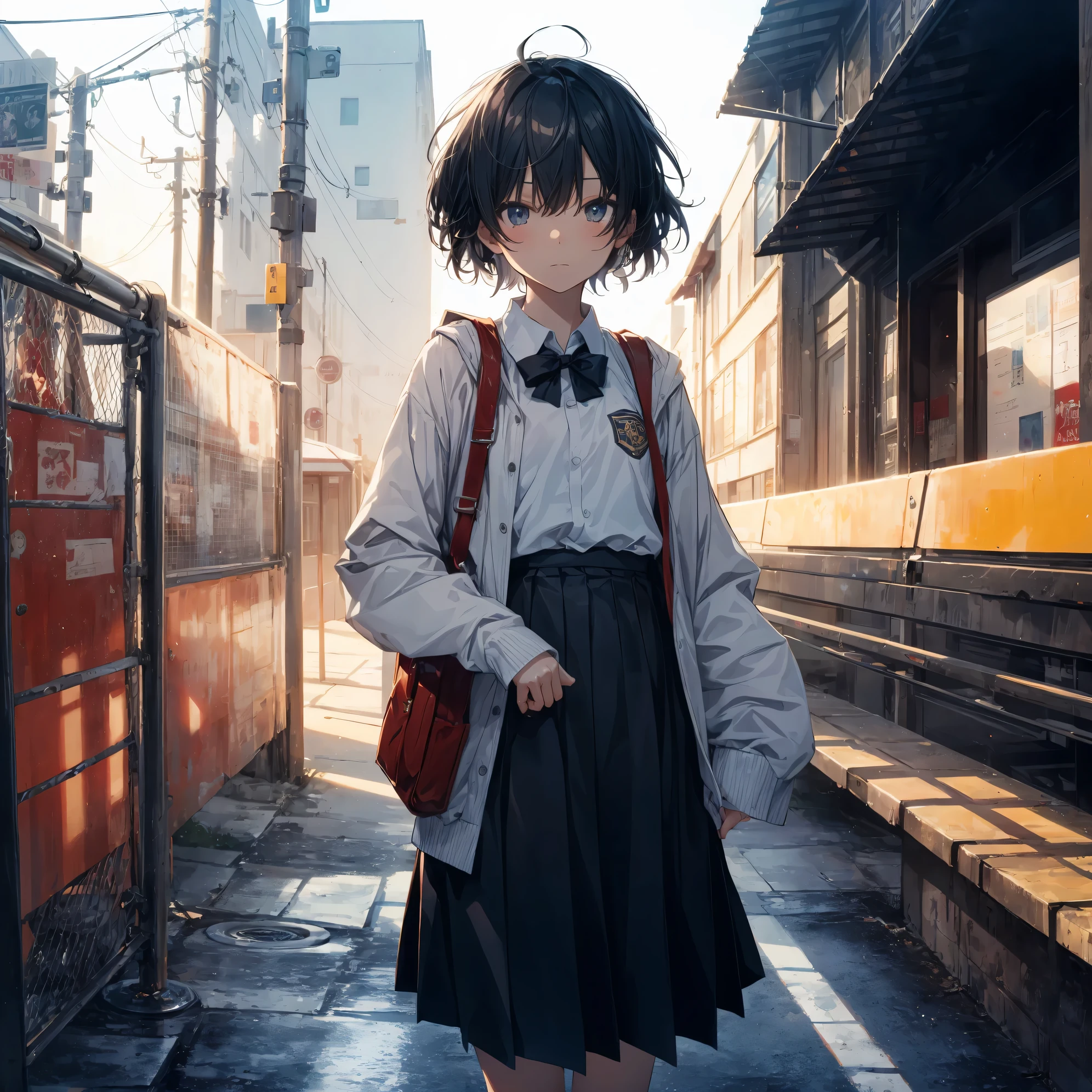 Super high quality by the art god, Ultra-detailed, High resolution, anime moe art style, best anime 8K konachan wallpaper, Pixiv Contest Winner, Perfect Anatomy, BREAK,(Draw a girl sleepily walking to school. ),BREAK, 1girl in, (Solo,Lori,child,13years:1.3),Full limbs, complete fingers,a junior high school student, Androgynous attraction, (Very short hair), Sleeping hair, hair messy, flat chest, Small butt, groin, Small eyes,Beautiful detailed black eyes, Well-proportioned iris and pupils, disgusted eye,  High resolution detailed hair, School uniform, Skirt, On the way to school. BREAK,Ultra-detailed細なスキン, Best lighting by famous artists, 8K, Illustration,
