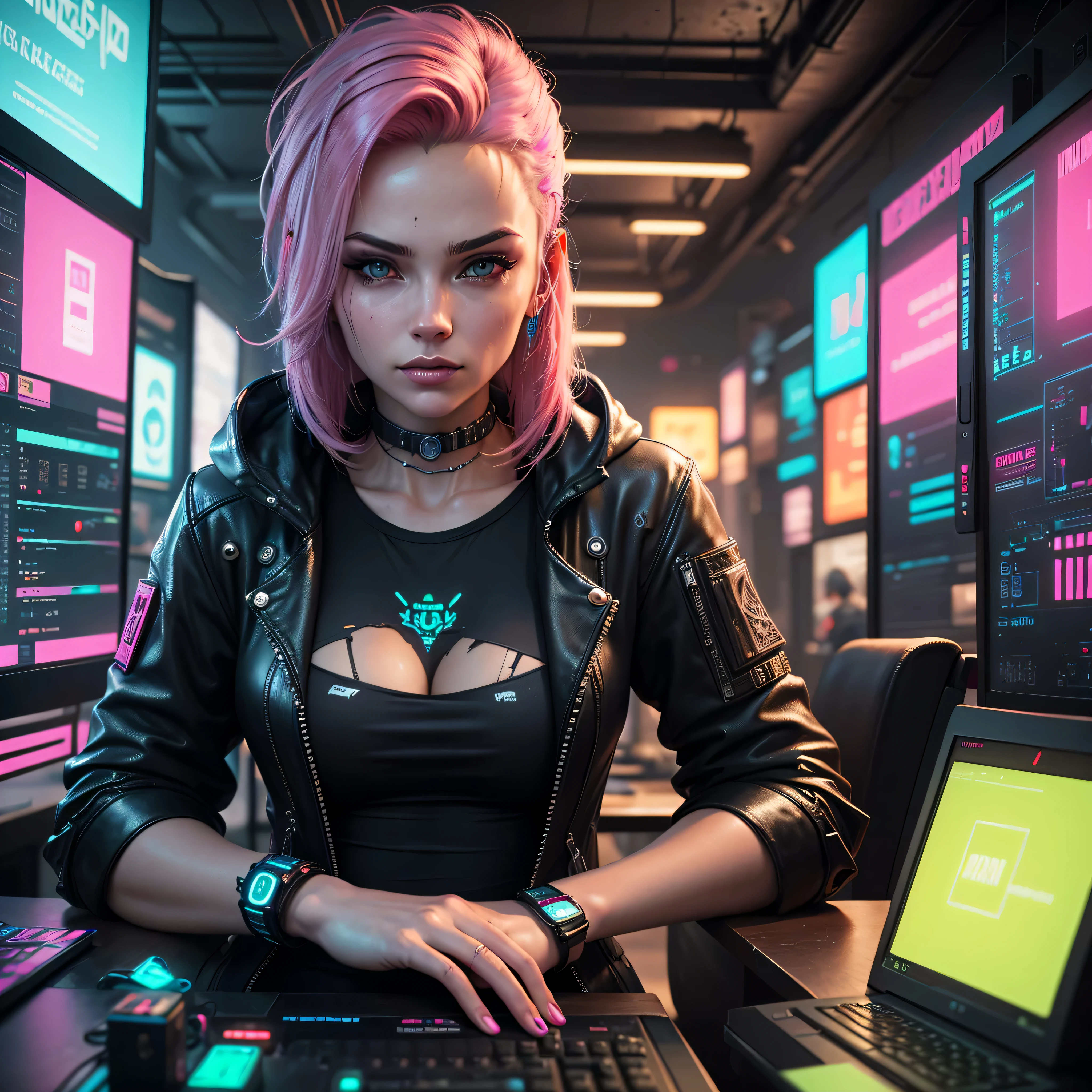 ((Best quality)), ((masterpiece)), (highly detailed:1.3), 3D, beautiful (cyberpunk:1.3) a hacker woman with pink hair wearing a leather jacket with neon lights , a black t-shirt, siting in a chair, operating a computer terminal , (focus on face), (detailed skin, skin texture) ,Ultra detailed eyes