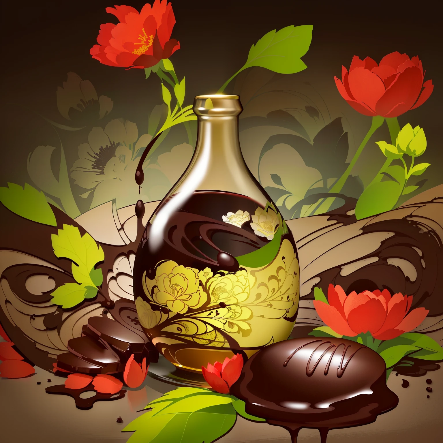 there is a bottle of wine with chocolate bars and flowers, by Joop Sanders, chocolate bar. intricate background, Stylized digital illustration, Vector graphics, chocolate bar art, vector design, A beautiful artistic illustration, Elegant illustration, Digital illustration style, very coherent stylized artwork, vignet, full-colour illustration, dark chocolate bar painting, Beautiful digital illustrations, rendered illustration