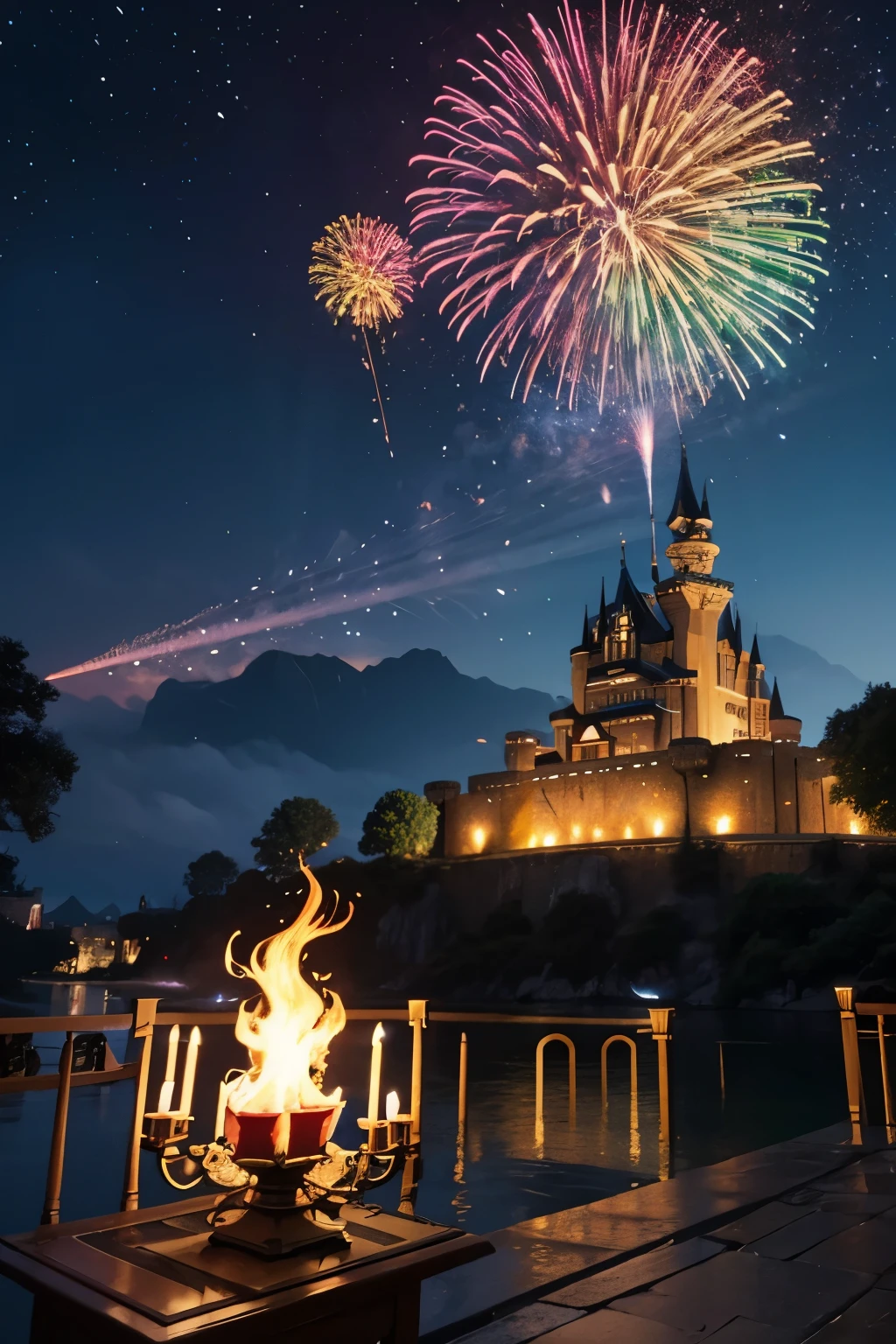 3D,A huge castle,Faraway view,In front of the castle,The castle is tall,The castle is colorful,Chinese New Year,Lots of fireworkest quality,high end,pixar-style