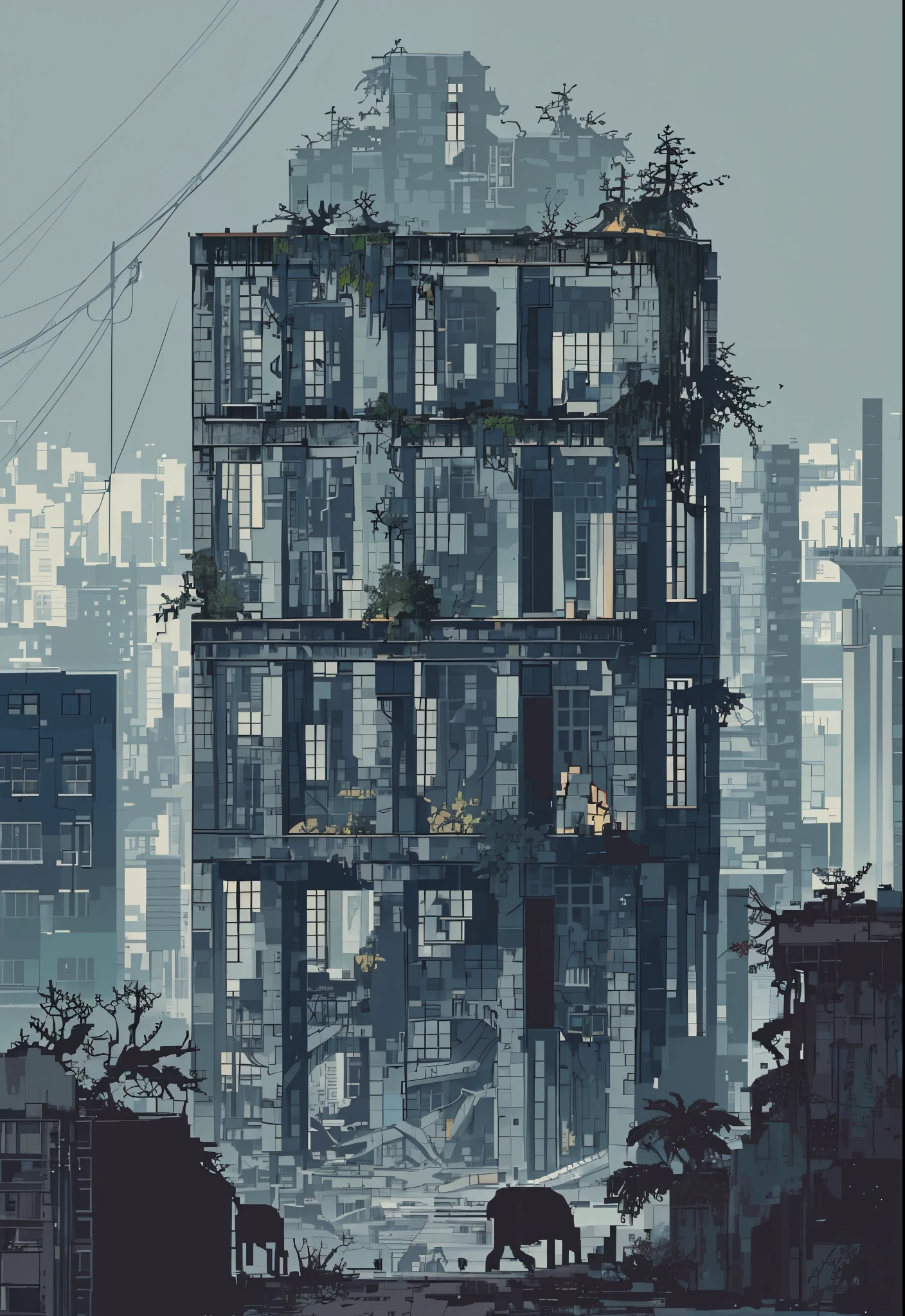 pixelart， buliding， 1 buliding，city ruins，植物在buliding废墟中生长，entangled tree roots，Various plants，After the end of the world， 废墟