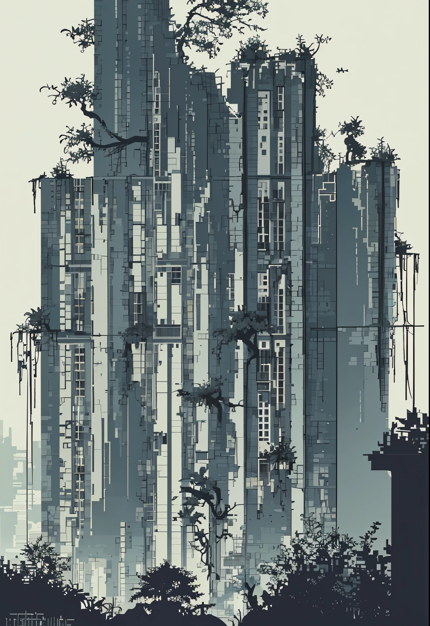 pixelart， buliding， 1 buliding，city ruins，植物在buliding废墟中生长，entangled tree roots，Various plants，After the end of the world， 废墟