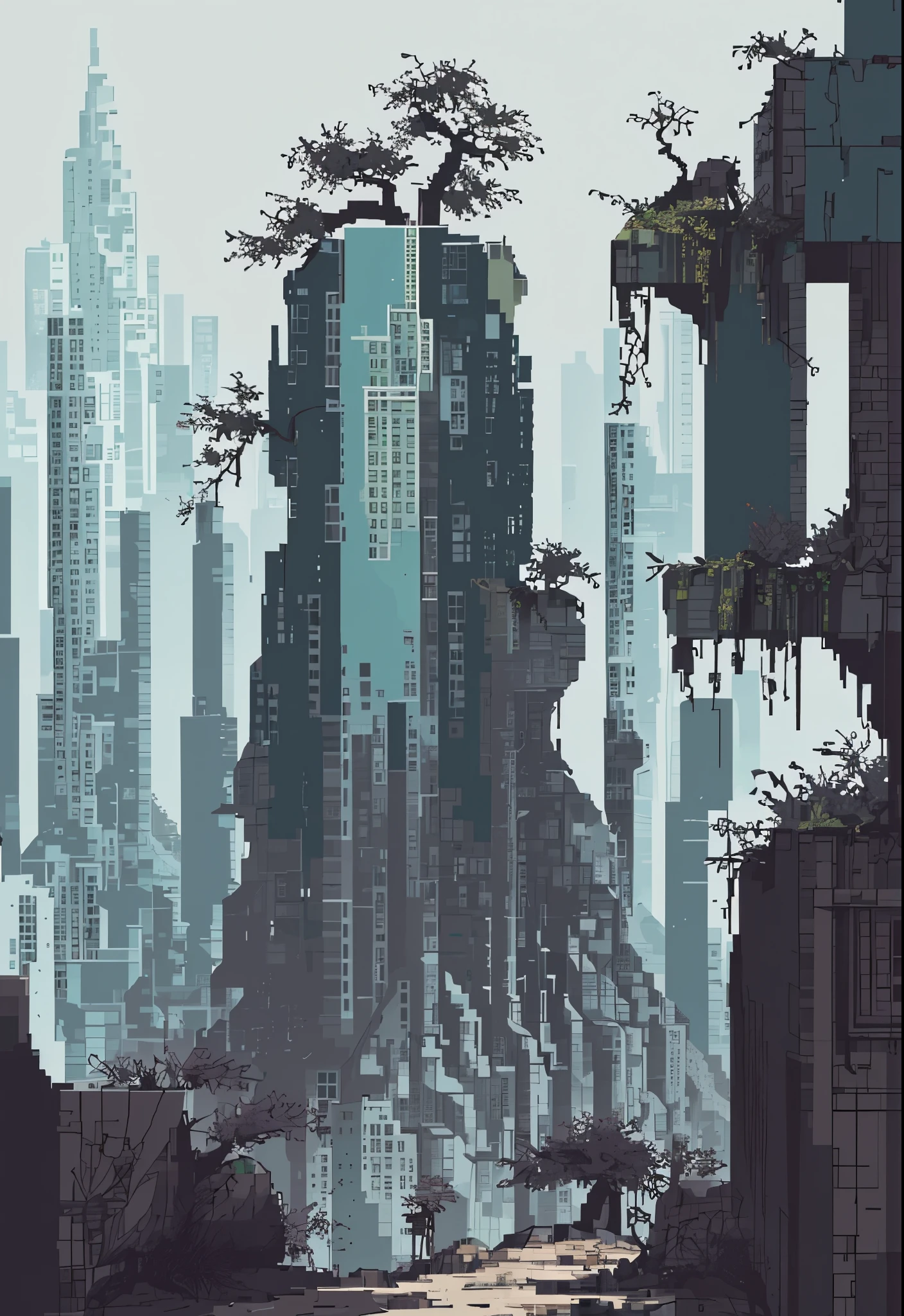 pixelart， buliding， 1 buliding，city ruins，植物在buliding废墟中生长，entangled tree roots，Various plants，After the end of the world， 废墟