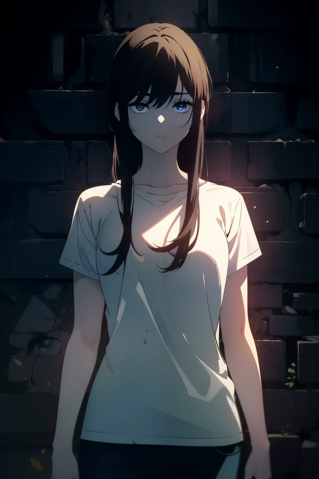 ((((Obra maestra, La mejor calidad, ultrahigh resolution)))), 1girl, standing, (baggy white t-shirt, loose fitting blue shorts), ((long black hair, black hair over eye)), long hair cut, pale skin, ((brown eyes)), glowing_eyes, neon eyes, (ultra detailed eyes:0.7, beautiful and detailed face, detailed eyes:0.9), ((centered)), smile, ((wide shot)), facing viewer, ((vibrant background, bright lighting, summer, sunlight)), flat chested, looking at viewer, ((half closed eyes)), ((perfect hands)), (((head:1, arms, hips in view, elbows, arms, in view))), ((hands behind back)), empty eyes, beautiful lighting, ((outside, outdoors)), defined subject, head tilt, (((gritty)), ((creepy)), ((cool)), ((beautiful))