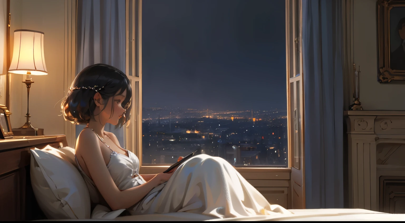 masterpiece,detailed and delicate, 4k cg wallpaper, {stunning art}, illustration,
inside a room,near to a big window,citys out side the window,night ,rainy
a girl sit on the bed