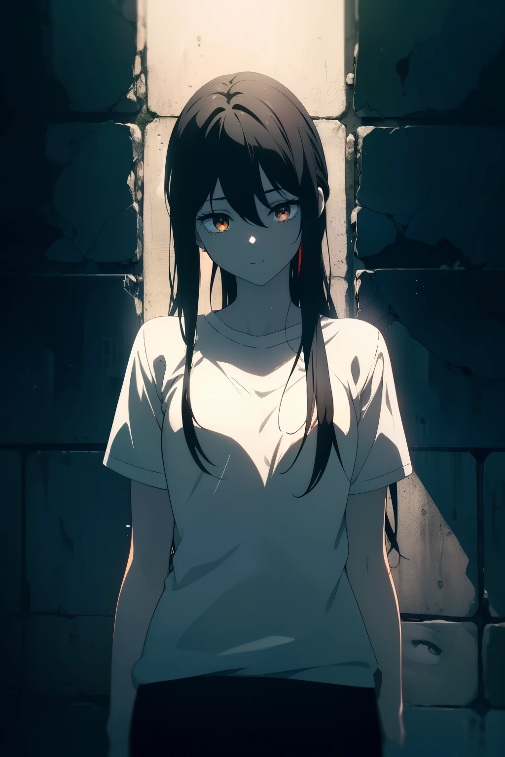 ((((Obra maestra, La mejor calidad, ultrahigh resolution)))), 1girl, standing, (baggy white t-shirt, loose fitting blue shorts), ((long black hair, black hair over eye)), long hair cut, pale skin, ((brown eyes)), glowing_eyes, neon eyes, (ultra detailed eyes:0.7, beautiful and detailed face, detailed eyes:0.9), ((centered)), smile, ((wide shot)), facing viewer, ((vibrant background, bright lighting, summer, sunlight)), flat chested, looking at viewer, ((half closed eyes)), ((perfect hands)), (((head:1, arms, hips in view, elbows, arms, in view))), ((hands behind back)), empty eyes, beautiful lighting, ((outside, outdoors)), defined subject, head tilt, (((gritty)), ((creepy)), ((cool)), ((beautiful))