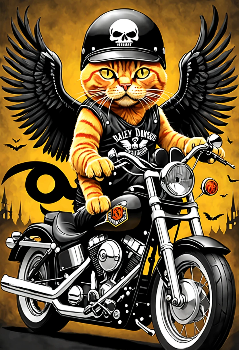 create an image of a Harley-Davidson being ridden by an evil-looking yellow cat wearing a black vest with a skull and wings design and wearing a black helmet with 1972 written in white gothic letters making the rock symbol