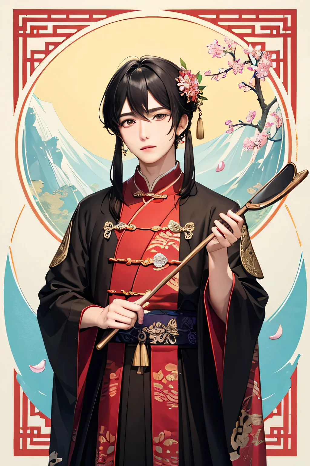 2.5d effect ancient chinese beautiful classical chinese,he has a round face, Deep eyes, His hair is draped over his shoulders like a shawl, He is wearing a hairpin, He wears gorgeous golden clothes, He has an inky sky and petals.