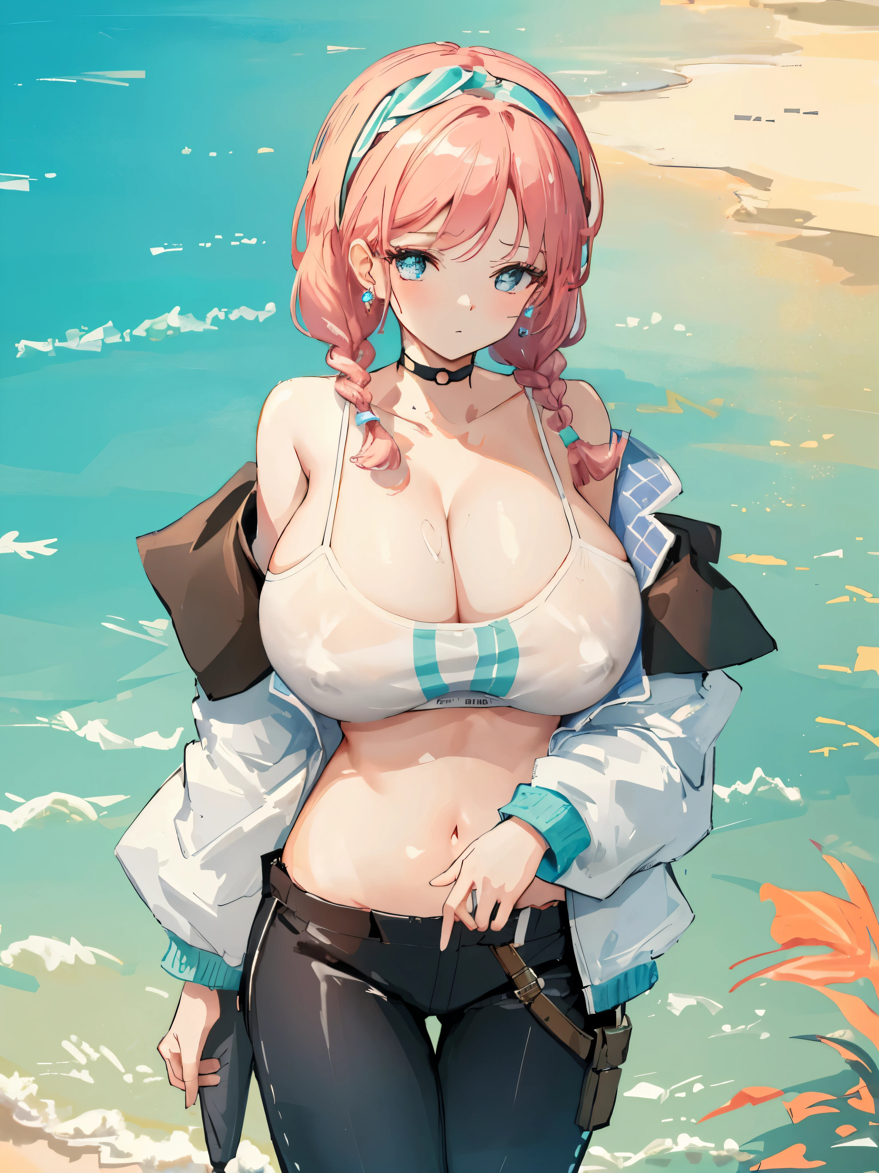 (((tmasterpiece))),((ultra - detailed)),(extremely detaild的 CG unified 8k wallpapers),A high resolution, (Extremely detailed illustration),
Shoal beat, 1个Giant Breast Girl, nedium breasts, Blue poison \(shoal lapping\) \(arknight\), Alone, Official spare clothing, pink Collar, jaket, twin wovens, woven, looking at viewert, navel, Collar, ngel, large nedium breasts, open jaket, cropped shoulders, exposed bare shoulders, By bangs, jewely, 耳Nipple Ring, exercise well, stomach, longer sleeves, trouser, black trouser, shairband, Open your clothes, white jaket, long whitr hair, Chopping, bound legs, 鎖骨, ngel chai, diaphragm, chai, Knees raised, Crop top, parted By bangs, thin shoulder strap, Be red in the face, Raise Hand, Permanent, Keep your mouth shut, upper legs, camisole, 
Symbol-shaped eyes,((非常巨大的nedium breasts)),(Cover nipples)
