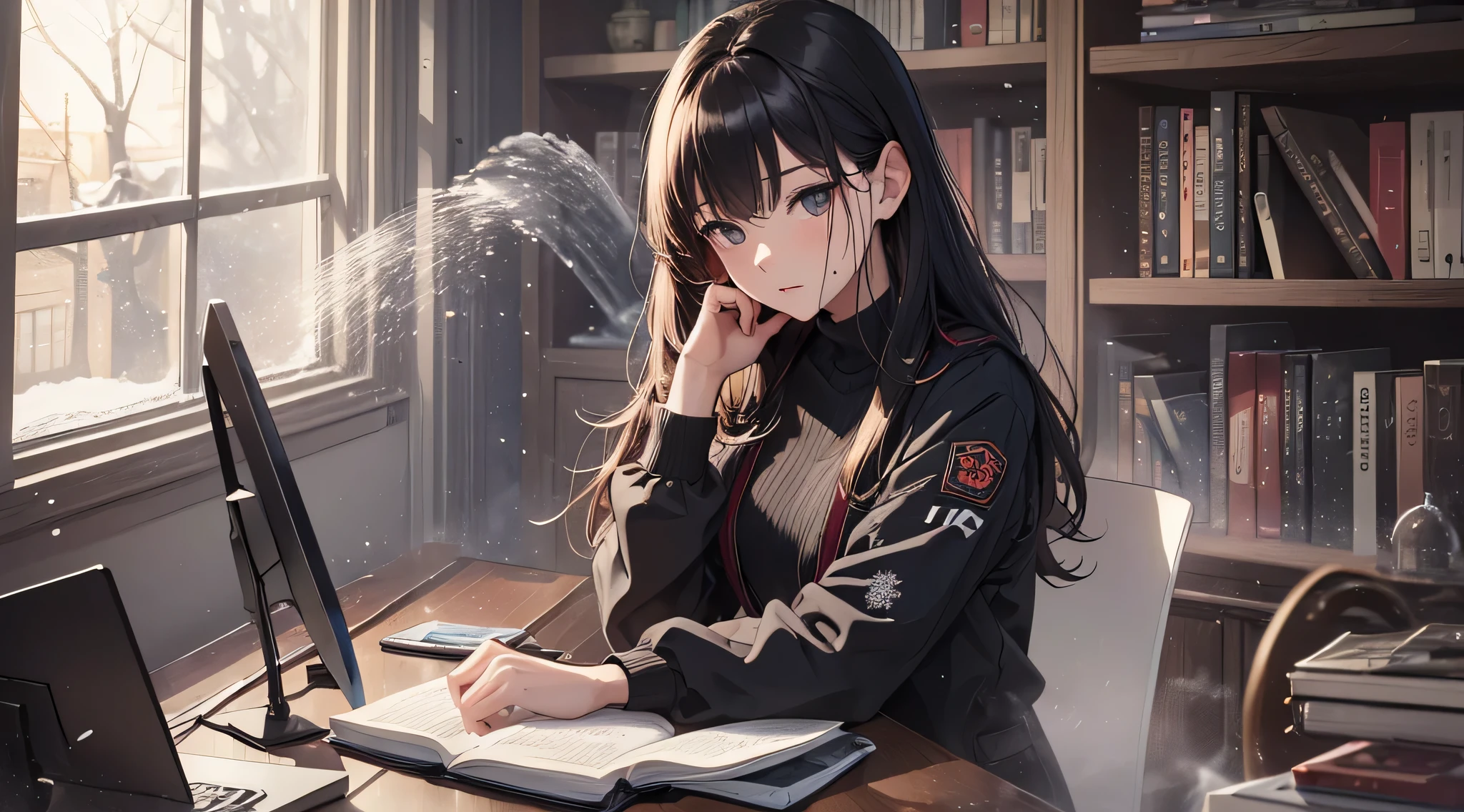 top-quality、Top image quality、​masterpiece、 girl((Black Suit、18year old、 Ager、Best Bust、big bast,Black eyes, Long Black Hair、A slender,Large valleys、sit a chair、Operating a computer、face to viewer、be shy、Sweating)),hiquality、Beautiful Art、Background with((Calm room、bookcase、Black walls、window、snow blowing、The table、Hot milk、Christmas))​masterpiece、depth of fields,Cinematic style