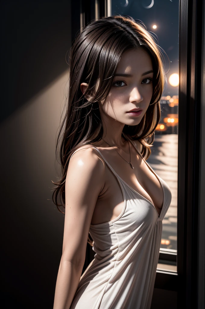 (Photoreal Stick:1.5, masutepiece:1.5, 8K), (top-quality, masterpiece, 超A high resolution), Perfect dynamic composition, Professional camera work:1.4, Highly detailed skin and facial texture:1.3, Mystical portrait:1.3, Grow Light Effect, The ultra-detailliert, 1girl in, ((Night view from inside the building, Pitch black room:0.9, The moonlight at night shines through the glass)), (red v neck nightdress), Model body type, Clear face, (Beautiful and seductive eyes:0.8, Enraptured look:0.8, i love you completely:0.8, A mouthfeel that feels beautiful eros:0.7), Dark brown medium hair, the chest is medium, a necklace, (Leaning against the window, sideshot), ((seductiv))