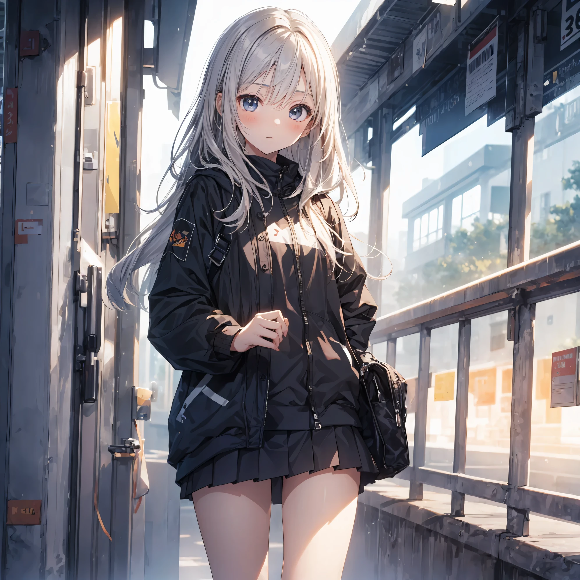 Anime girl with long white hair and black jacket standing on a platform ...