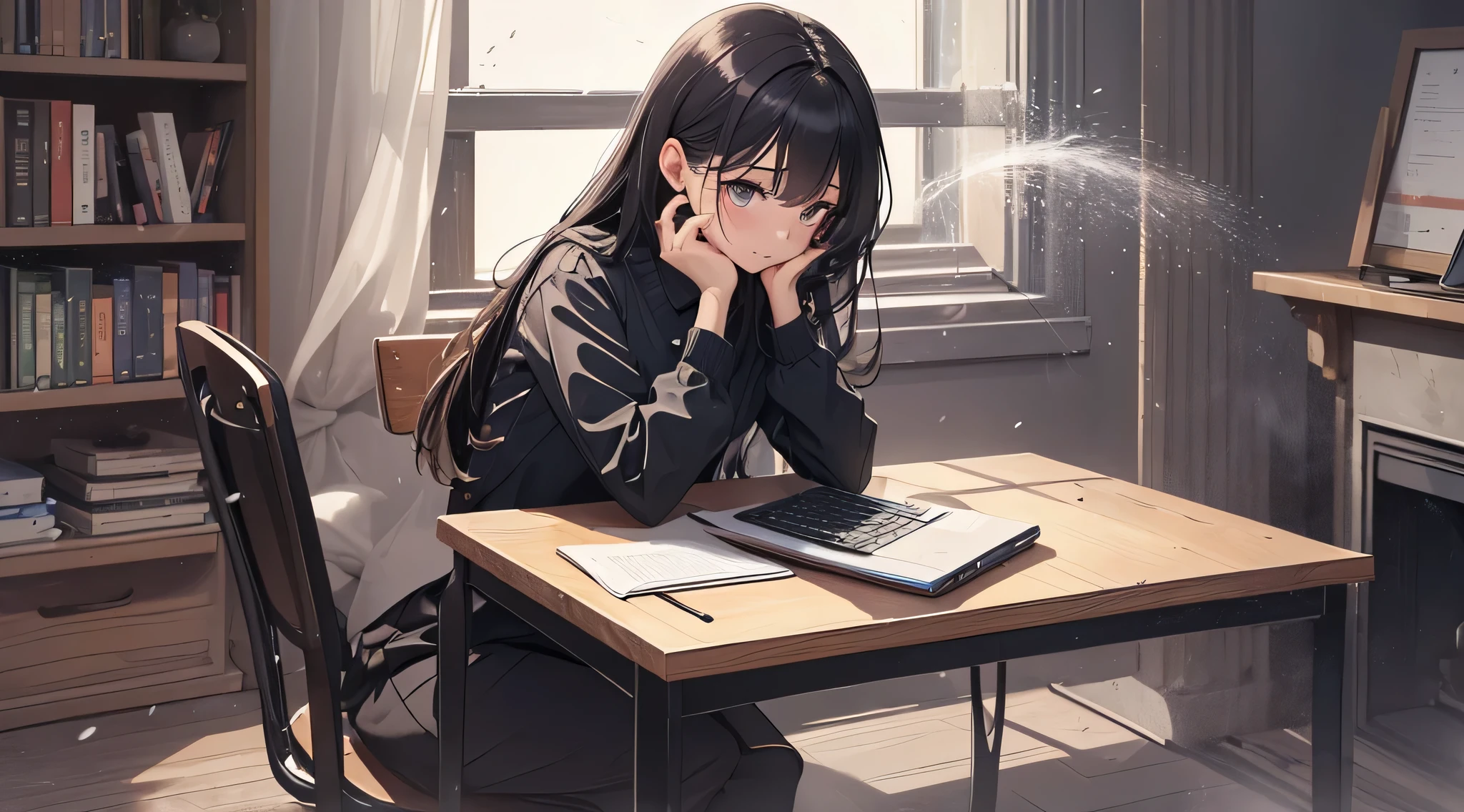 top-quality、Top image quality、masterpiece、 girl((Black Suit、18year old、 Ager、Best Bust、big bast,Black eyes, Long Black Hair、A slender,Large valleys、sit a chair、Operating a computer、face to viewer、be shy、Sweating)),hiquality、Beautiful Art、Background with((Calm room、bookcase、Black walls、window、snow blowing、The table、Hot milk、Christmas))masterpiece、depth of fields,Cinematic style