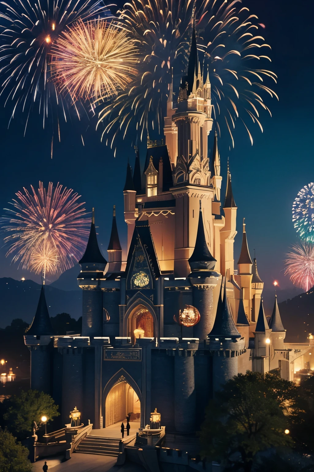 3D，A huge castle，中景 the scene is，In front of the castle，The castle is tall，The castle is colorful，Chinese New Year，Lots of fireworkest quality，high end，pixar-style