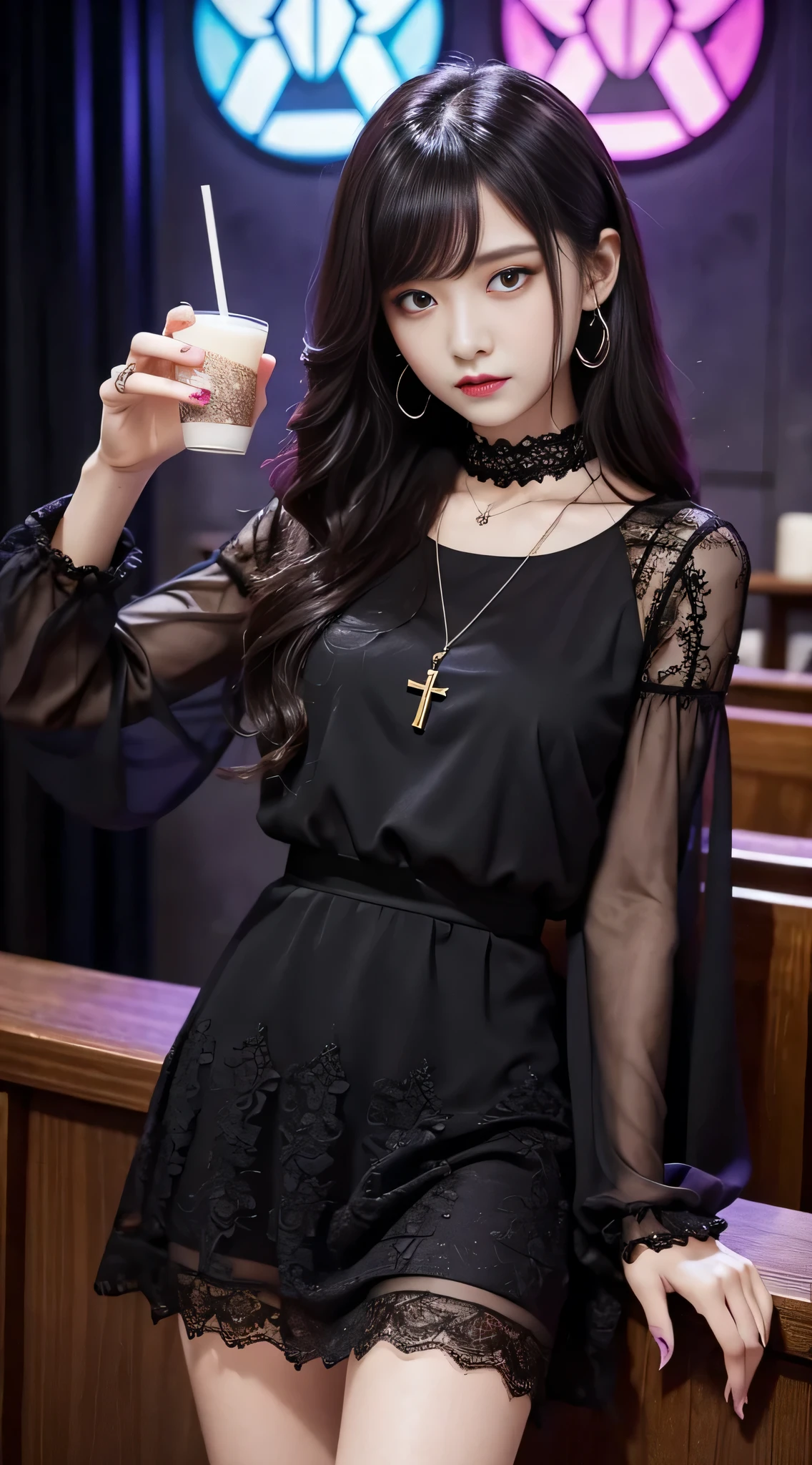 LTRA Details、Fascinating beauty、Dainty woman、Cool Girl、Wavy Hair、Black chiffon dress、Wide sleeves、flered skirt、Black pantyhose、Evil Female Executive、Evil Fall、brainwash、lacy fabric、Glossy legs、black lipstick、wickedな表情、Suspicious look、Hollow eyes、wicked、Reaching out、Arms up、In the Church、Palm forward、drink purple drink、Pendants、Two Women、brainwashing device、Pendants