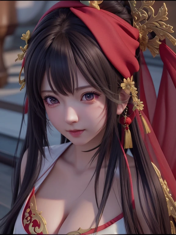 Close-up of woman wearing red scarf on head, japonisme 3d 8k super detailed, smooth anime cg art, square enix cinematic art, anime computer graphics images, shadowbringers cinematic, detailed cinematic rendering, GameCG, Detailed cinematic footage, intricate ornate anime computer graphics images style, cutscene clips, Close-up view of the movie goddess, anime movie screenshot